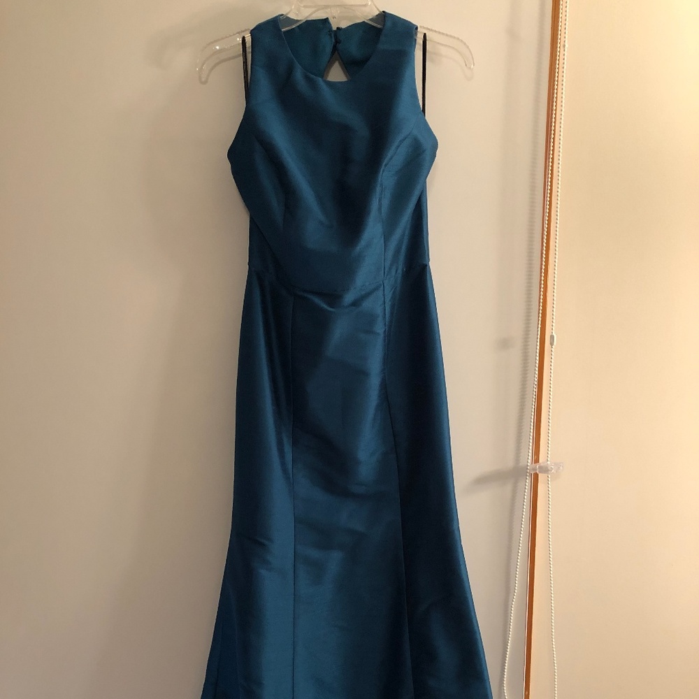 Alfred Sung long teal bridesmaid dress with bow